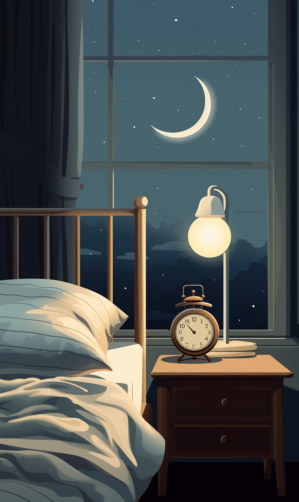 Bedroom at night with a nightstand